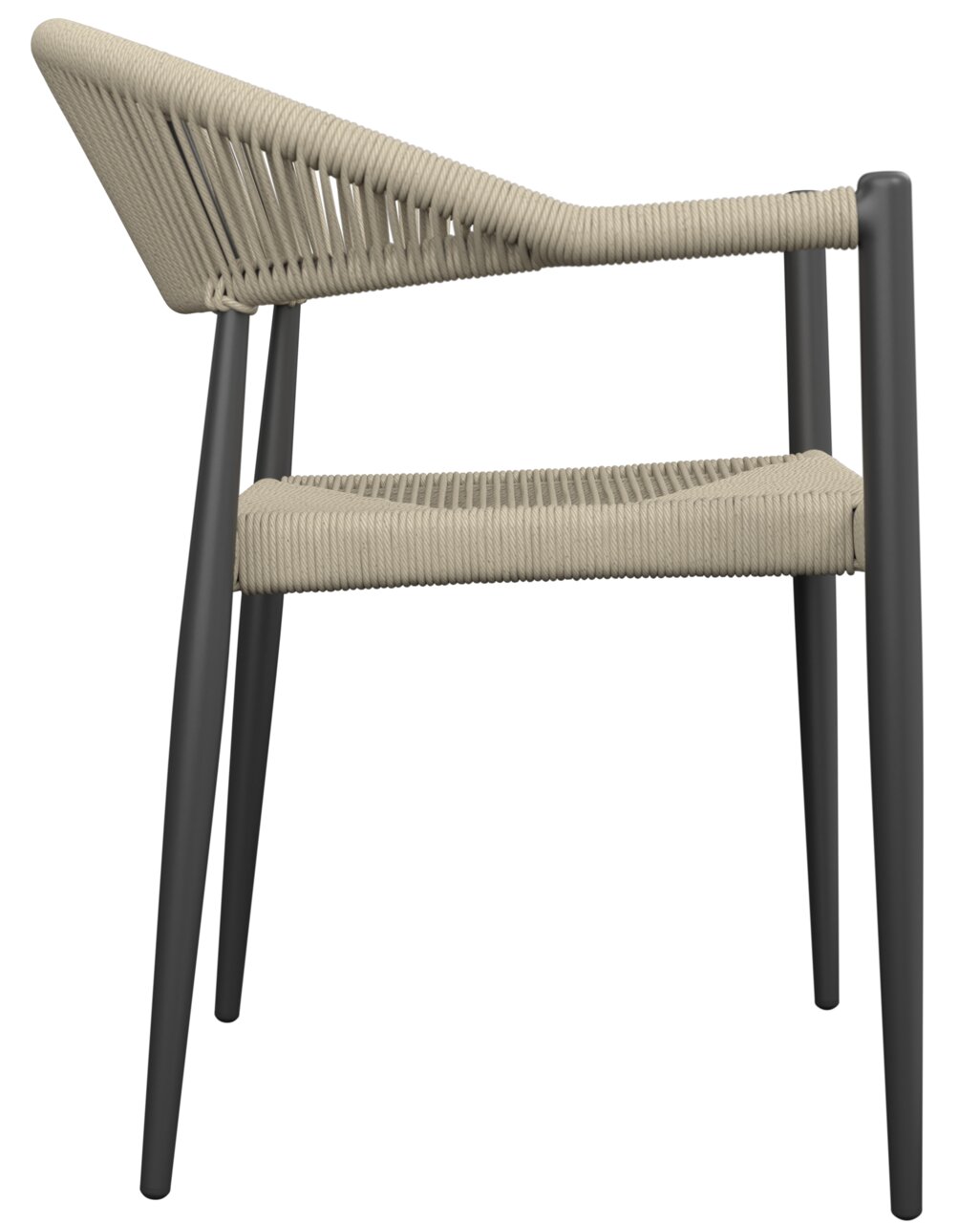 Seitenansicht eines modernen Stapelsessels mit schwarzem Metallrahmen und beigem Seilgeflecht.