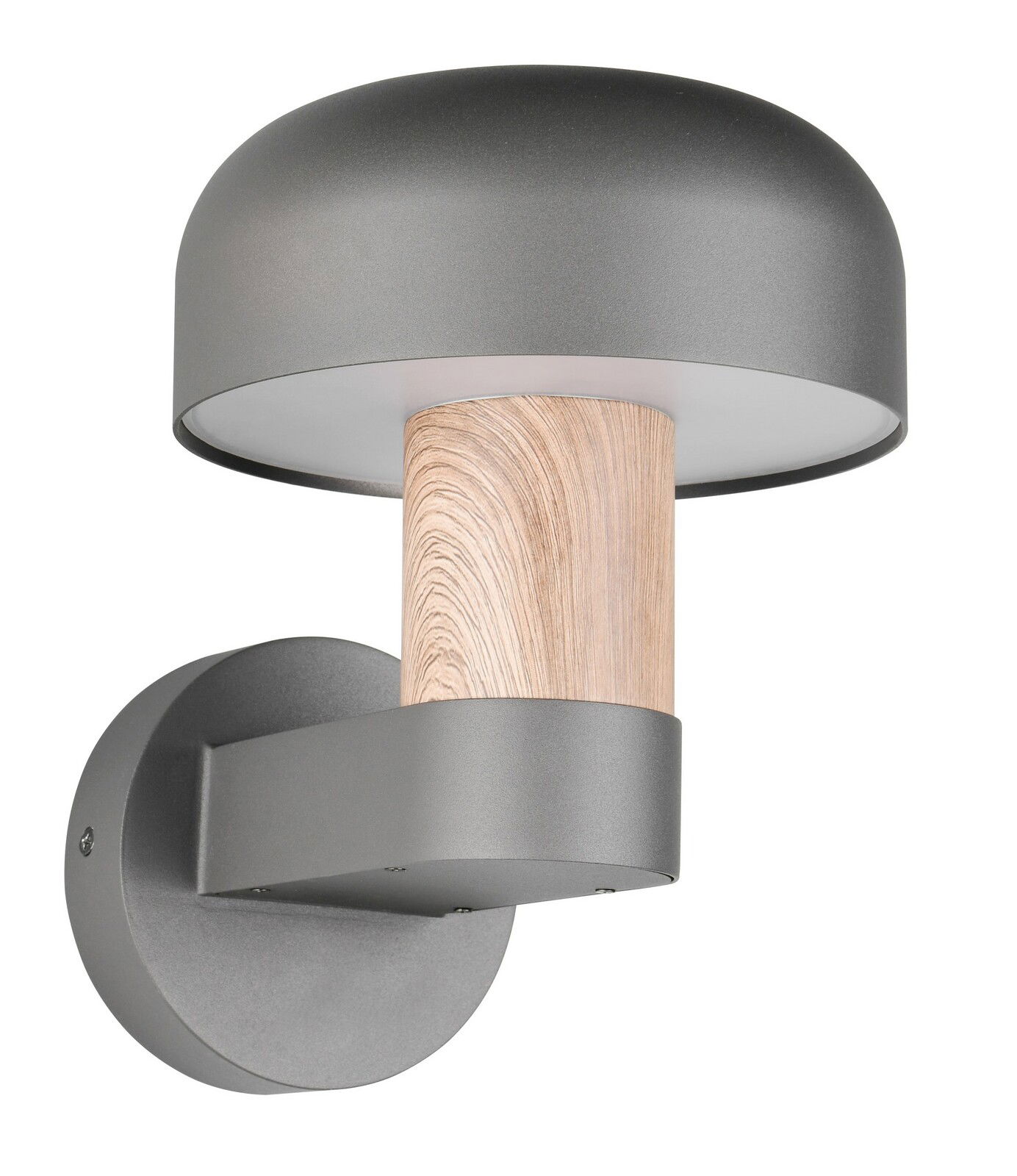 Moderne LED-Außenwandleuchte mit grauem Metallgehäuse und Holzdekor, seitliche Perspektive