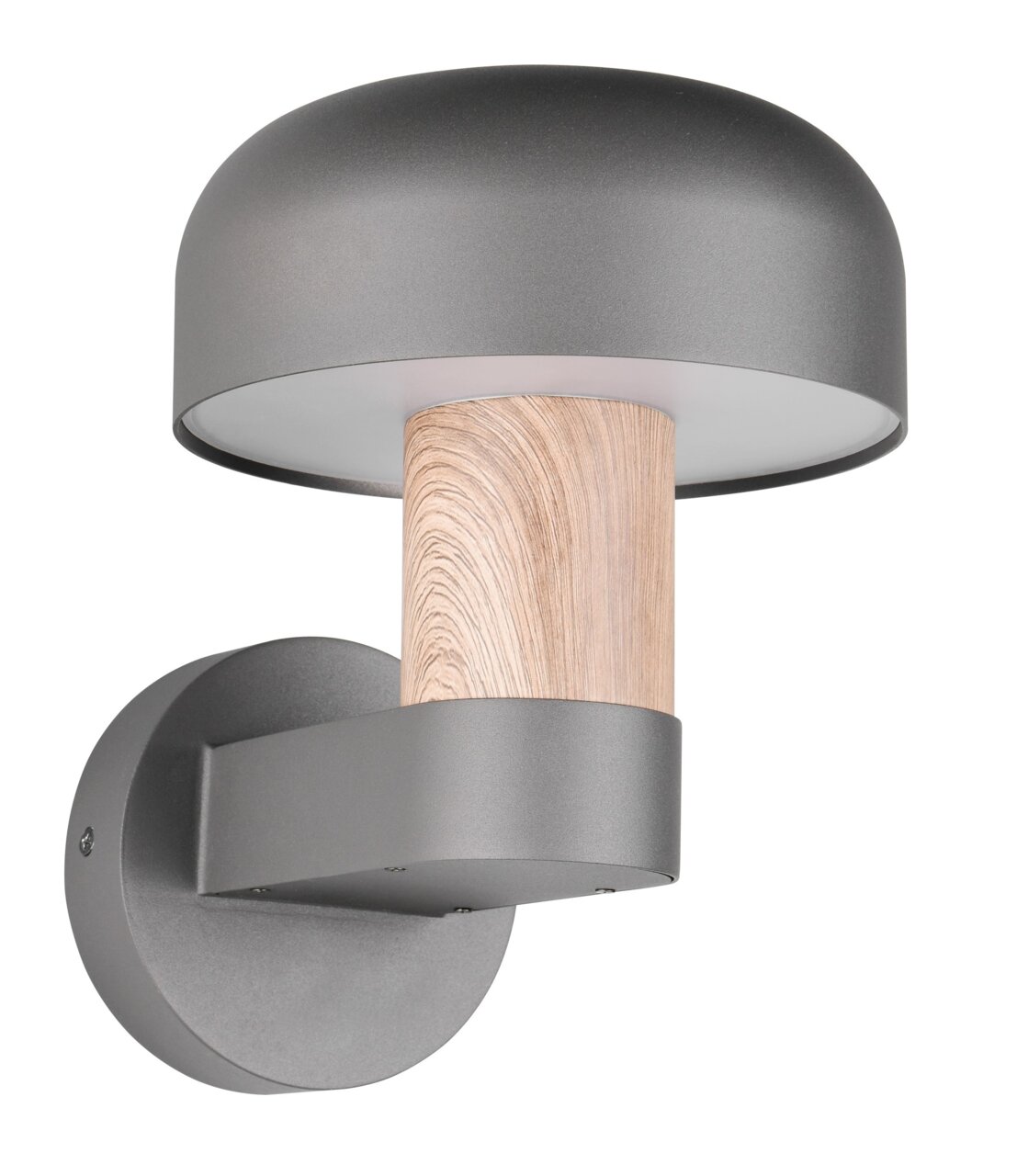 Moderne LED-Außenwandleuchte mit grauem Metallgehäuse und Holzdekor, seitliche Perspektive