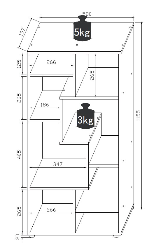 Technische Zeichnung eines mehrstufigen Regals/Schranks mit offenen Fächern und Maßangaben (u. a. 580 mm Breite, 1155 mm Höhe) sowie Belastungsangaben 5 kg oben und 3 kg auf einem mittleren Fach, frontale Ansicht.