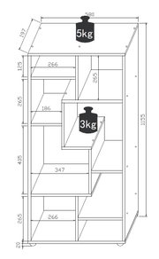 Technische Zeichnung eines mehrstufigen Regals/Schranks mit offenen Fächern und Maßangaben (u. a. 580 mm Breite, 1155 mm Höhe) sowie Belastungsangaben 5 kg oben und 3 kg auf einem mittleren Fach, frontale Ansicht.