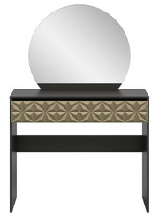 Schminktisch mit rundem Spiegel und geometrisch gemusterter Schublade, Frontalansicht