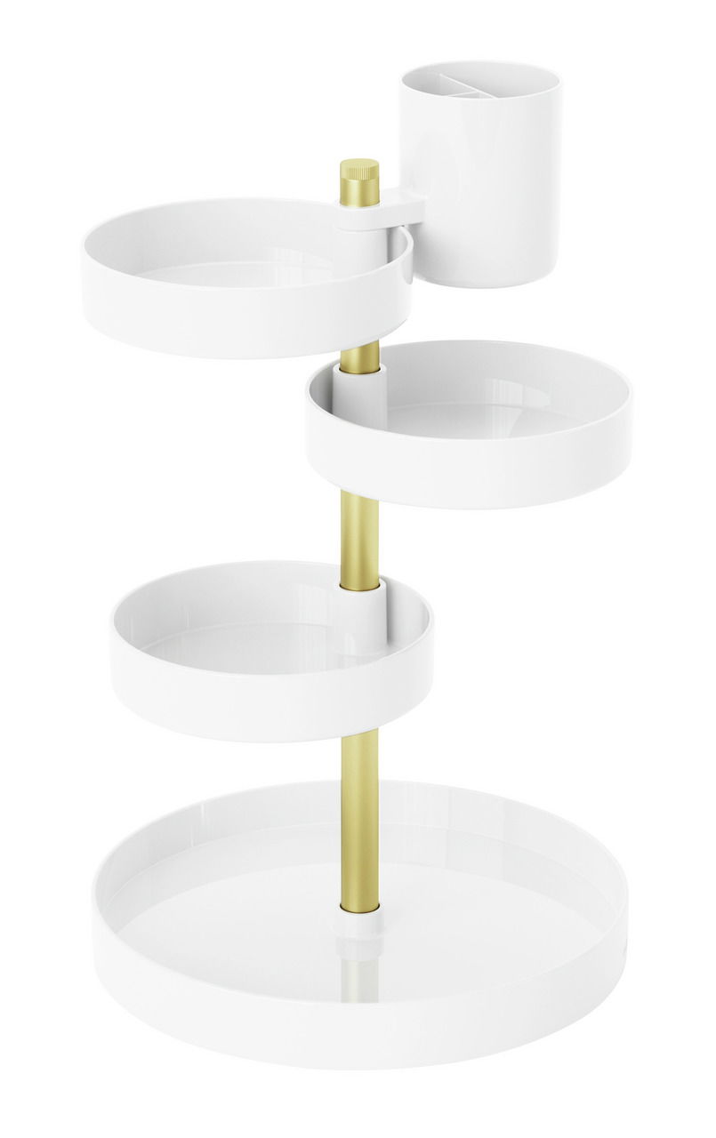 Weißer und goldener drehbarer Organizer mit mehreren Ebenen, seitliche Perspektive