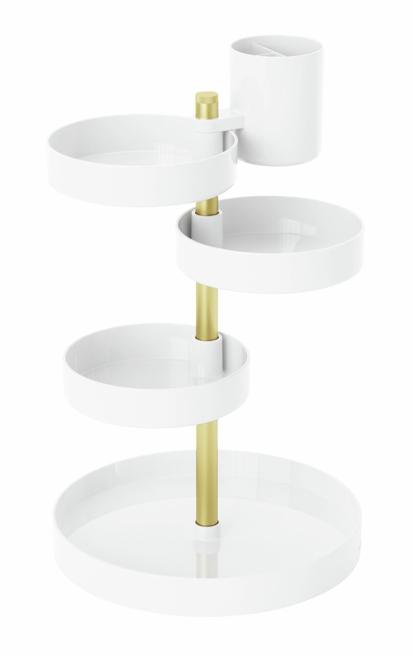 Umbra Kosmetik-Organizer PIROUETTE Weißer und goldener drehbarer Organizer mit mehreren Ebenen, seitliche Perspektive