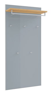 Moderne Wandgarderobe mit grauer Rückwand, Ablage aus hellem Holz und mehreren Haken, schräg von vorn in leichter Seitenansicht fotografiert