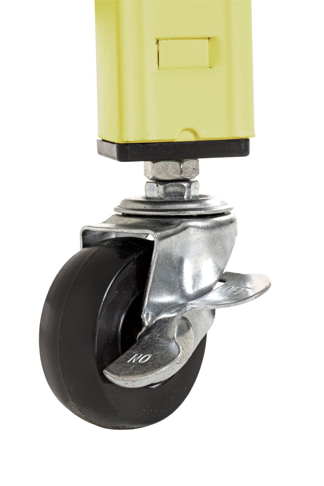 Nahaufnahme eines drehbaren Rads mit Bremse an einem gelben Servierwagen.