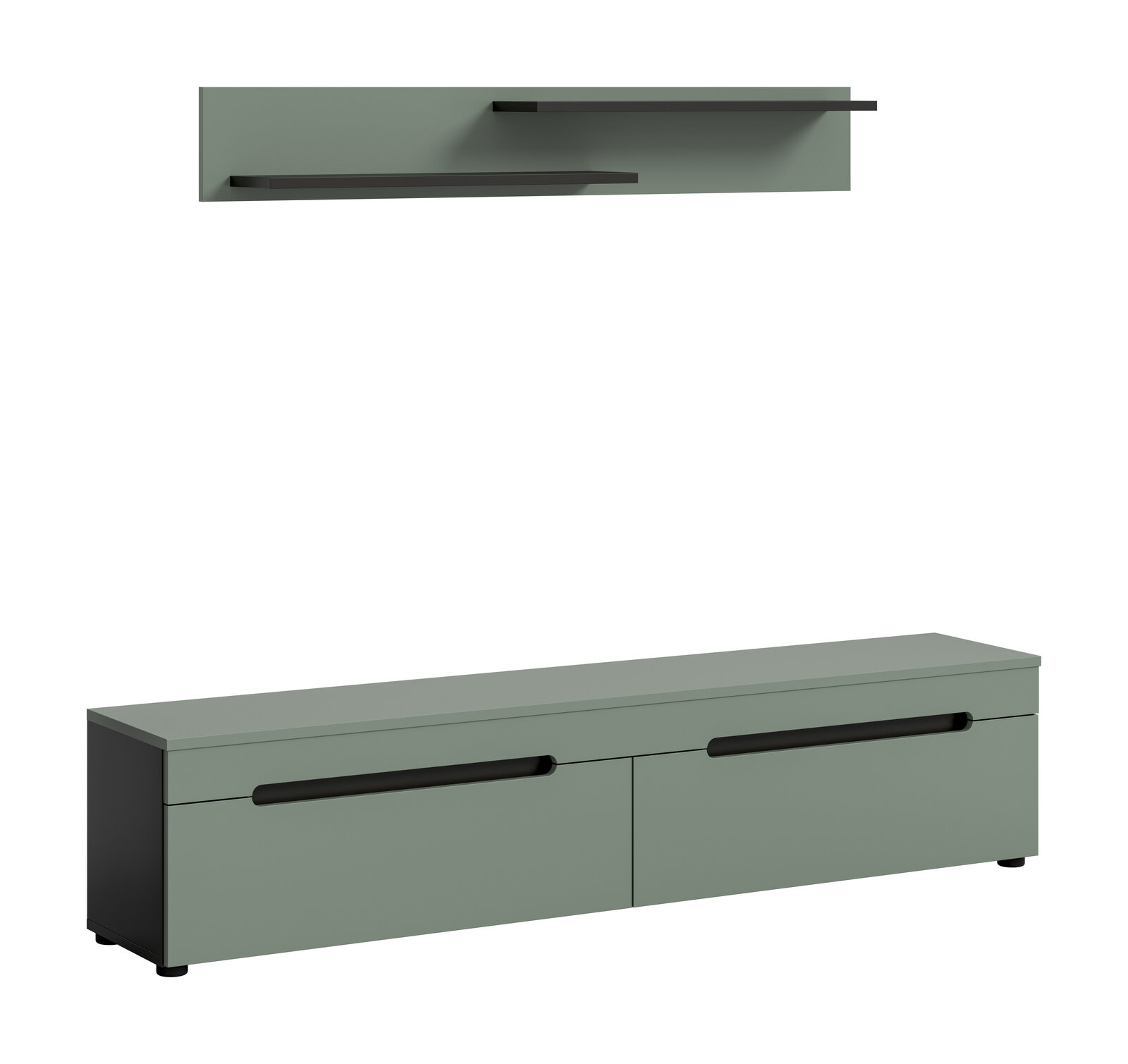 Modernes TV-Lowboard in Salbeigrün mit zwei Klappen und langen schwarzen Griffleisten, freigestellt in schräger Frontansicht von links; oben zusätzlich zwei passende Wandregale in Frontansicht