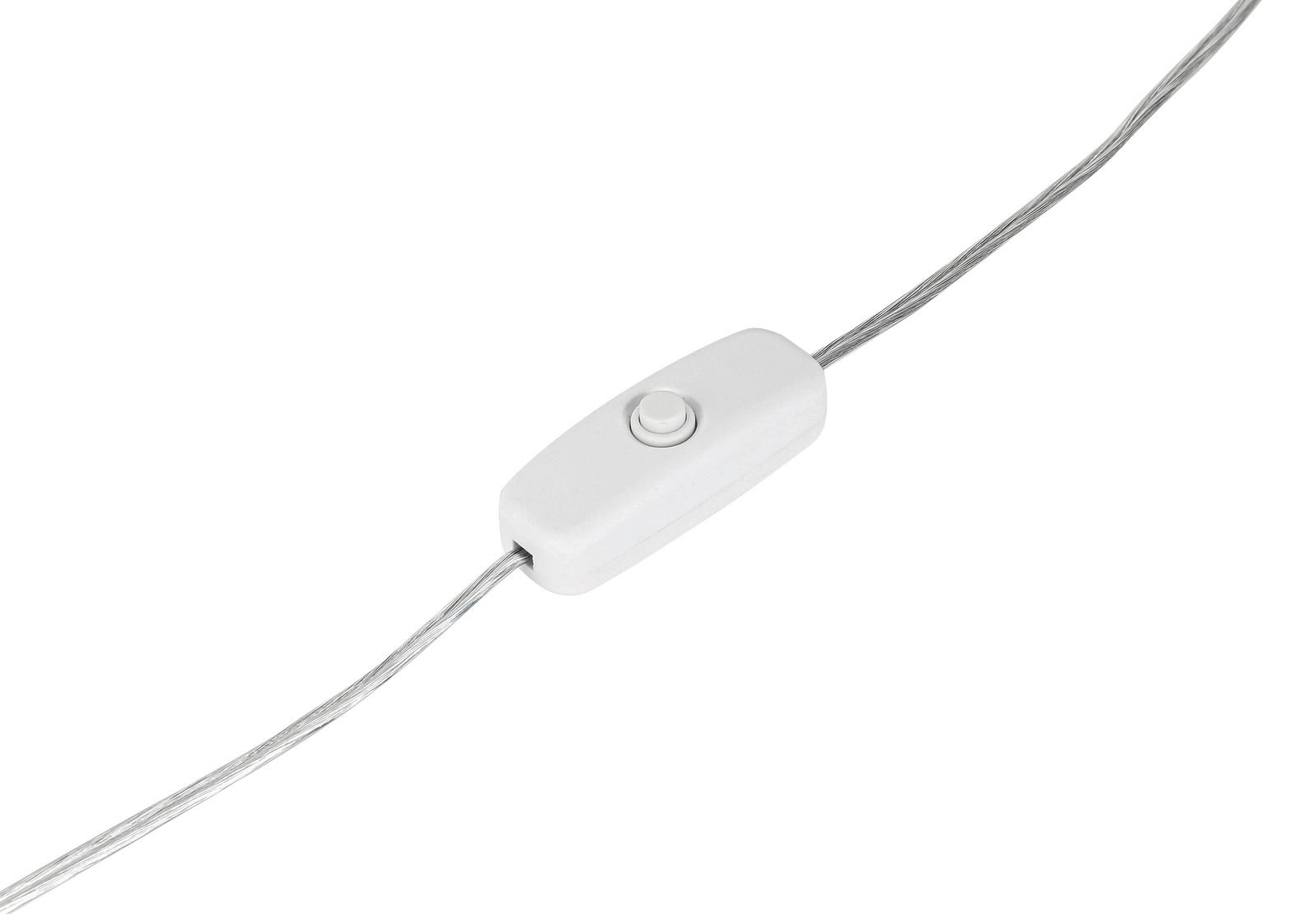 Nahaufnahme eines weißen Schalters an einem Kabel, seitliche Perspektive