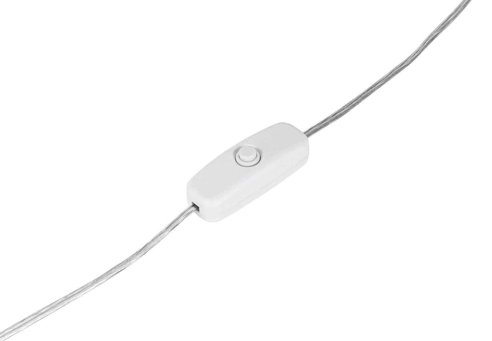 Nahaufnahme eines weißen Schalters an einem Kabel, seitliche Perspektive