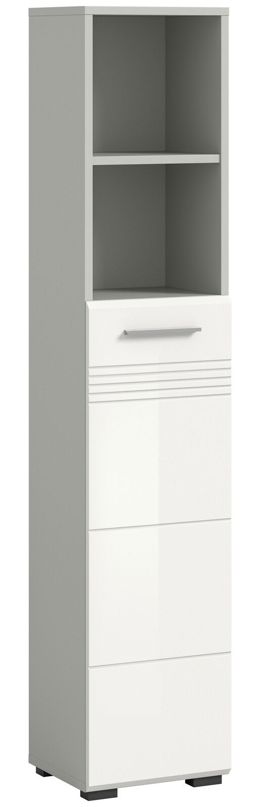 Moderner Hochschrank mit offenen Regalfächern und Schubladen, Frontansicht