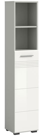 Moderner Hochschrank mit offenen Regalfächern und Schubladen, Frontansicht