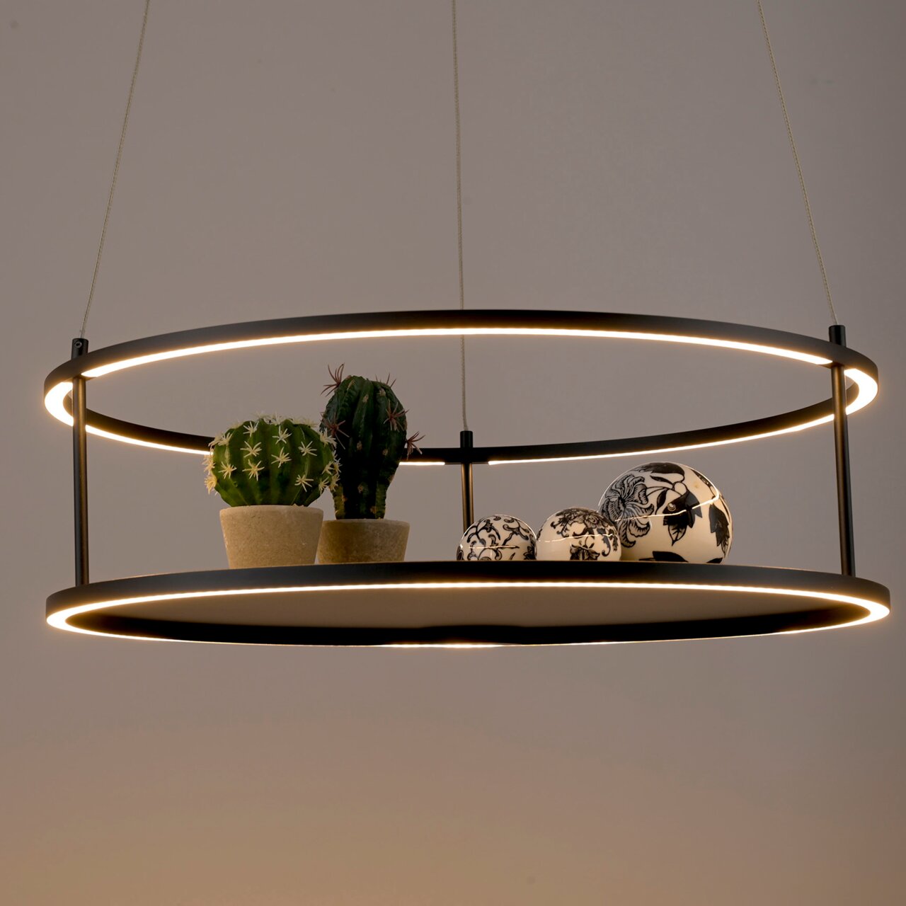 Paul Neuhaus LED-hanglamp CONTURA Moderne LED-Pendelleuchte mit zwei Ringen, dekoriert mit kleinen Kakteen und kunstvollen Kugeln, seitliche Perspektive.