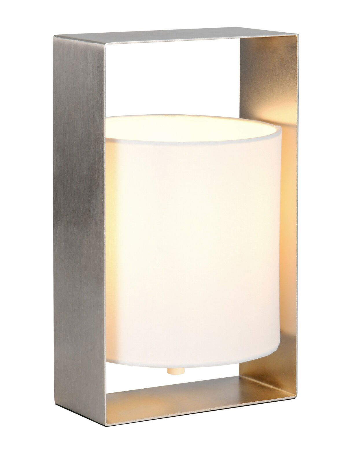 Reality Leuchten Tischleuchte PAIL Moderne Tischleuchte mit rechteckigem Metallrahmen und zylindrischem, weißem Lampenschirm, seitliche Perspektive