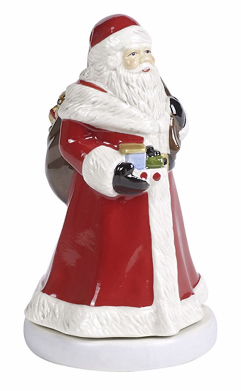Muziekdoos met draaiende kerstman in rode mantel, zijaanzicht