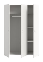 Weißer dreitüriger Kleiderschrank mit geöffneten Türen, links Kleiderstange und Ablage, rechts mehrere Regalböden, Frontansicht leicht schräg von vorn