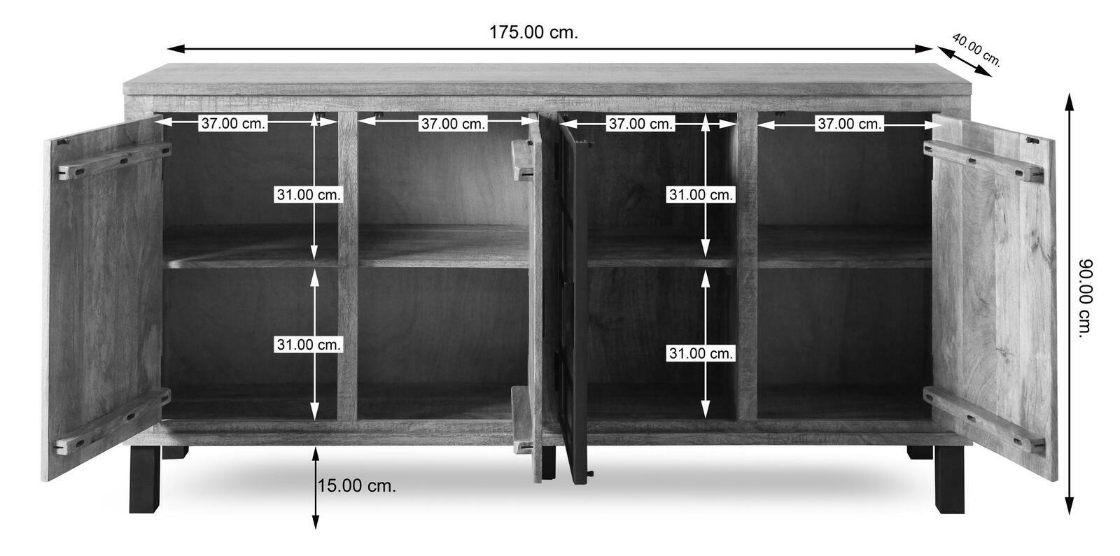 Frontale Ansicht eines Sideboards mit offenen Türen, das vier Fächer mit Regalböden zeigt. Maße: 175 cm Breite, 90 cm Höhe, 40 cm Tiefe.
