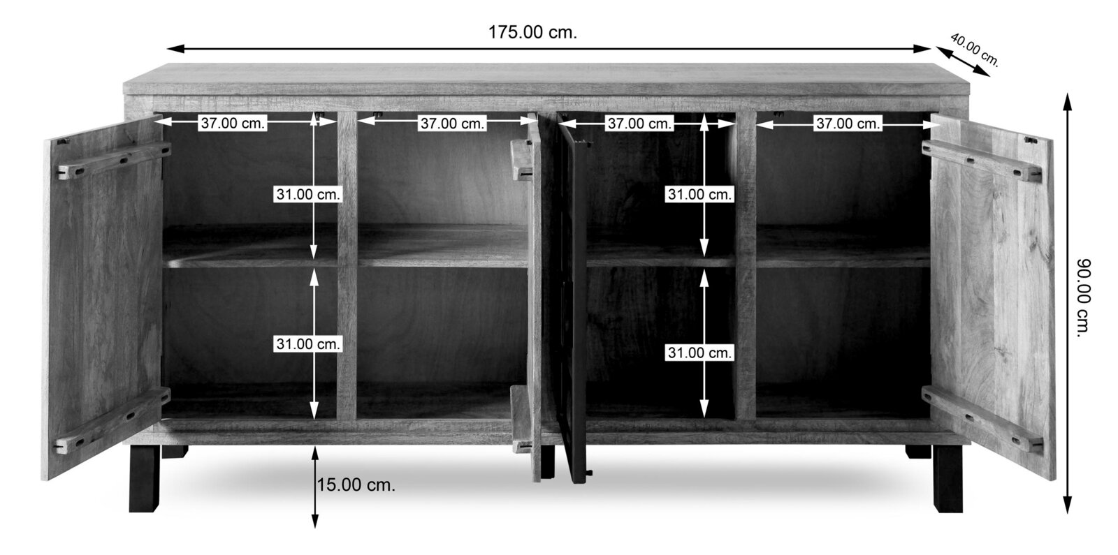Vooraanzicht van een dressoir met open deuren, met vier vakken met legplanken. Afmetingen: 175 cm breed, 90 cm hoog, 40 cm diep.