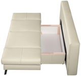 Querschläfer-Sofa in heller Farbe mit geöffneter Bettkastenansicht von oben