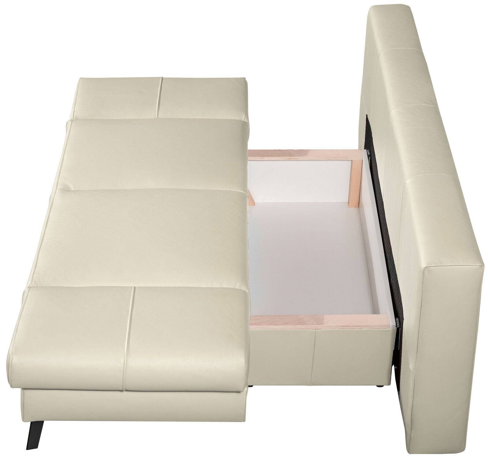 Querschläfer-Sofa in heller Farbe mit geöffneter Bettkastenansicht von oben