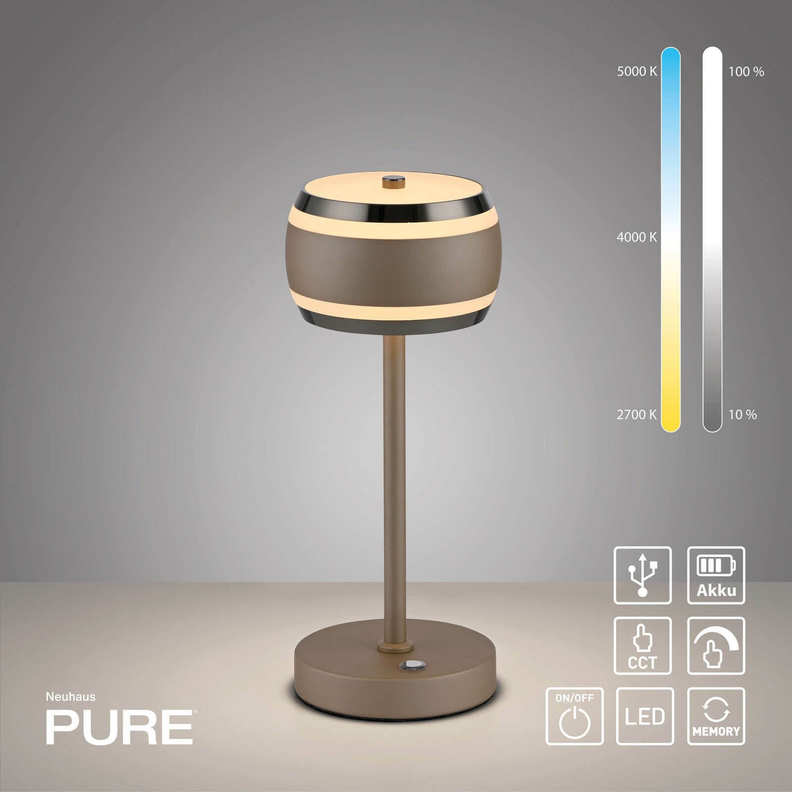 Moderne Akku-Tischleuchte in seitlicher Perspektive mit einstellbarer Farbtemperatur und Helligkeit, USB-Anschluss und LED-Technologie.