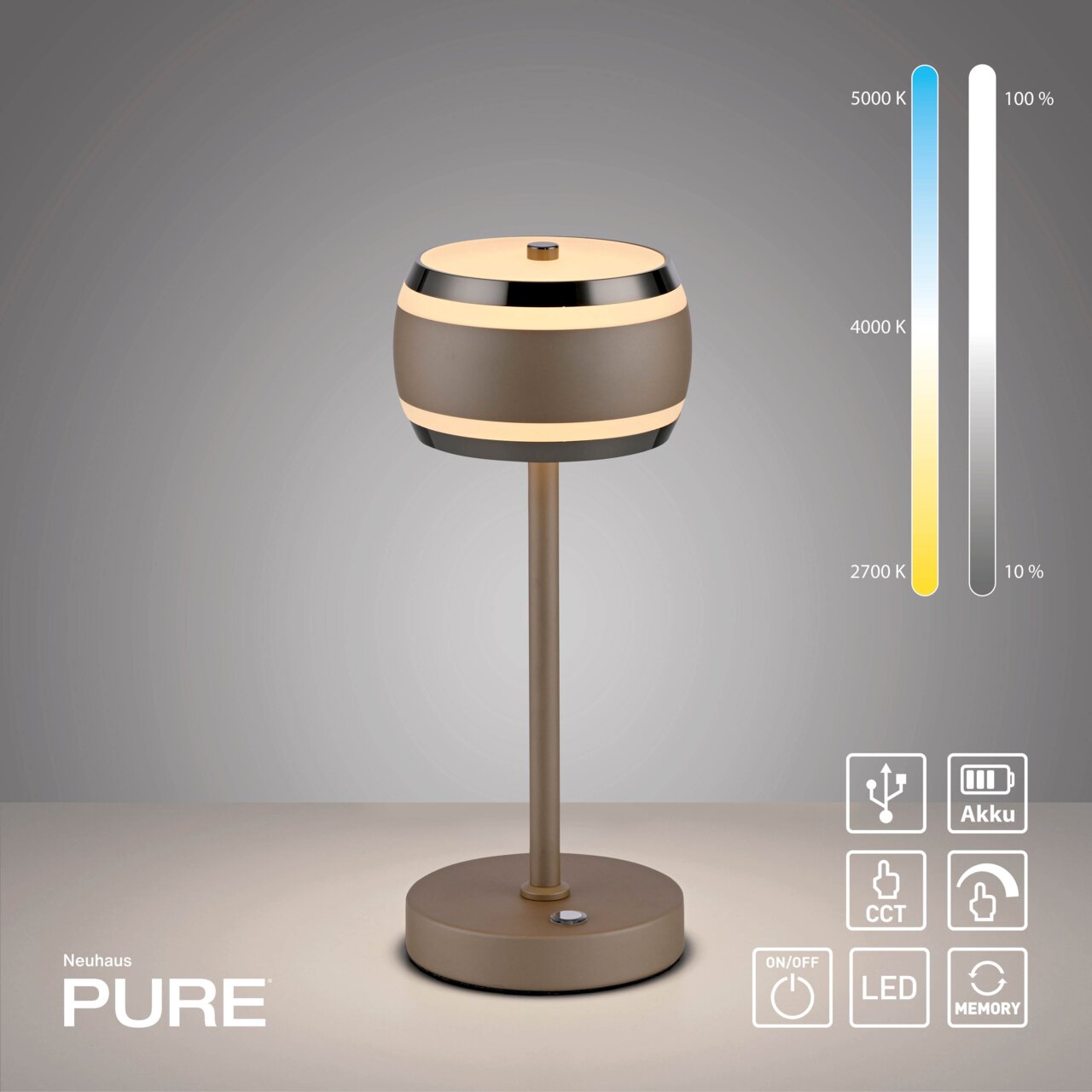Moderne Akku-Tischleuchte in seitlicher Perspektive mit einstellbarer Farbtemperatur und Helligkeit, USB-Anschluss und LED-Technologie.