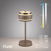 Moderne Akku-Tischleuchte in seitlicher Perspektive mit einstellbarer Farbtemperatur und Helligkeit, USB-Anschluss und LED-Technologie.