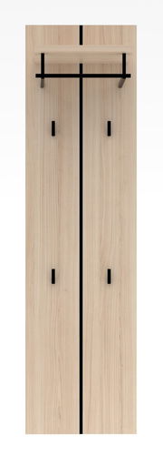 Frontale Ansicht einer Garderoben-Kombination aus hellem Holz mit schwarzen Akzenten und Haken.