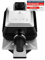 Waffeleisen Professional von oben mit Drehregler und Griff, Edelstahloptik, ausgezeichnet mit 'Sehr Gut' im Testmagazin.