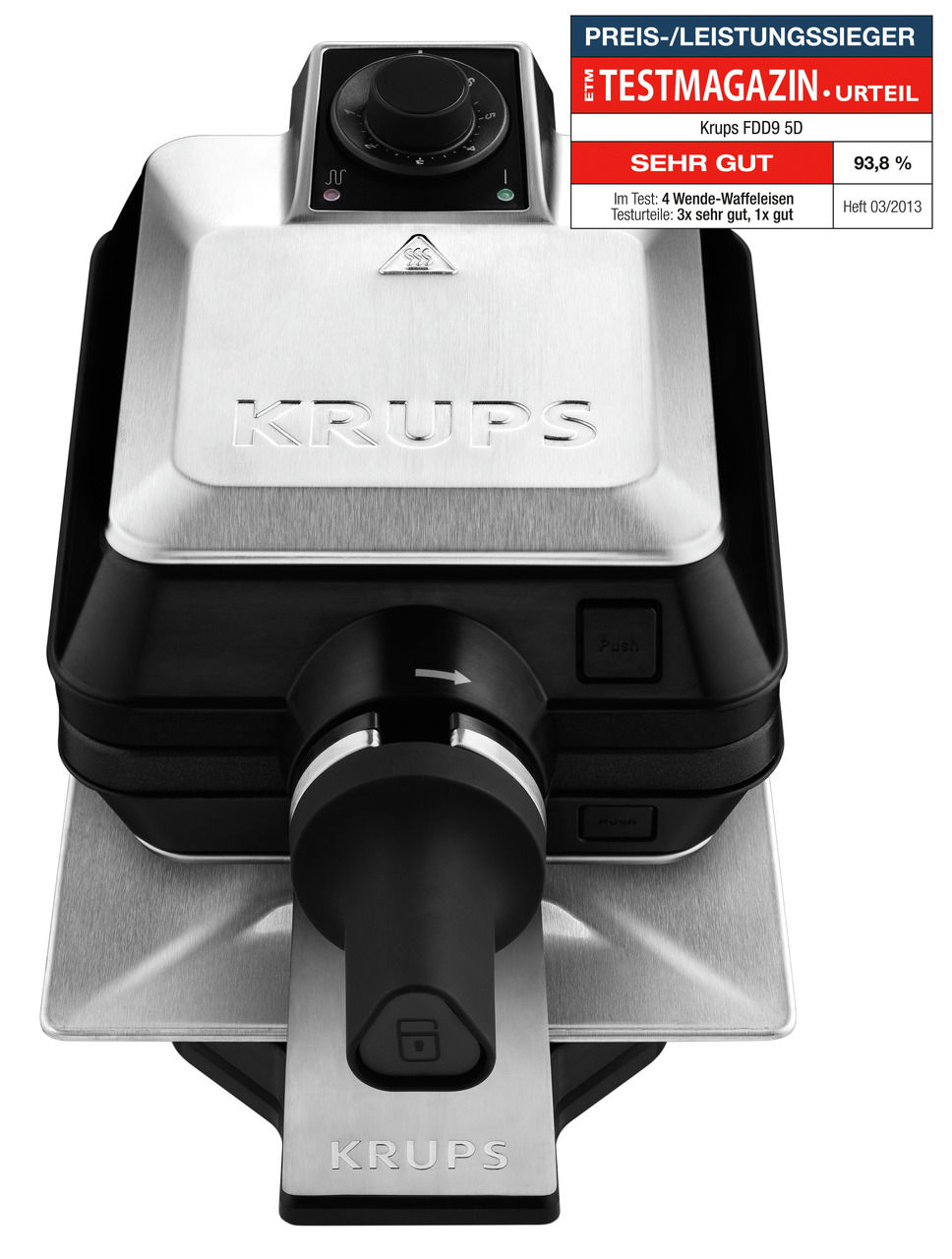 Waffeleisen Professional von oben mit Drehregler und Griff, Edelstahloptik, ausgezeichnet mit 'Sehr Gut' im Testmagazin.