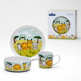 Kinderset 3-tlg. Safari mit Teller, Schale und Tasse, illustriert mit Safari-Tieren und einem Jeep, Vorderansicht