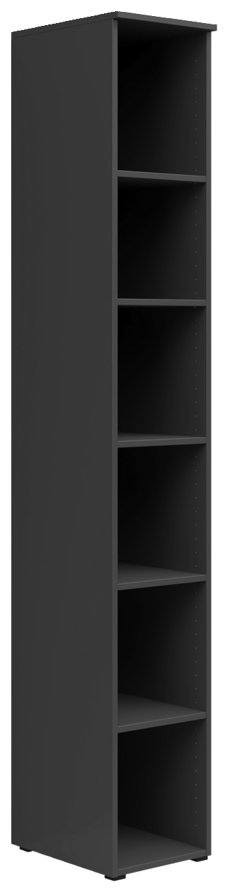 Schwarzes, hohes Regal mit sechs offenen Fächern, seitliche Perspektive