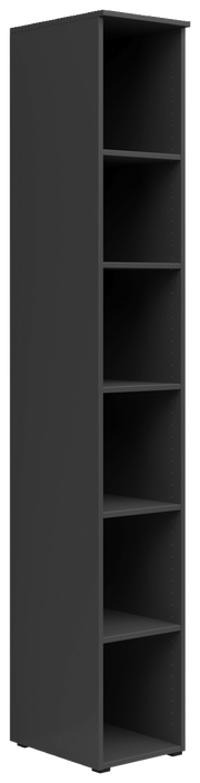 Schwarzes, hohes Regal mit sechs offenen Fächern, seitliche Perspektive
