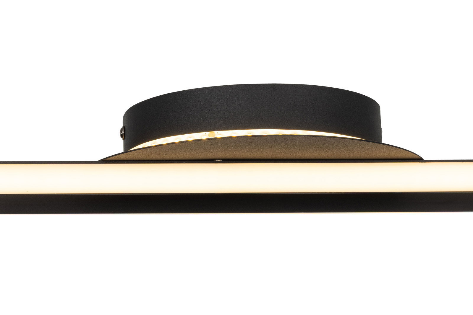 Moderne LED-Deckenleuchte in schwarzem Design, seitliche Perspektive