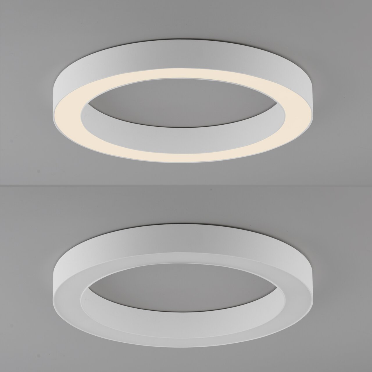 Runde LED-Deckenleuchte in moderner, minimalistischer Ausführung, von unten betrachtet.