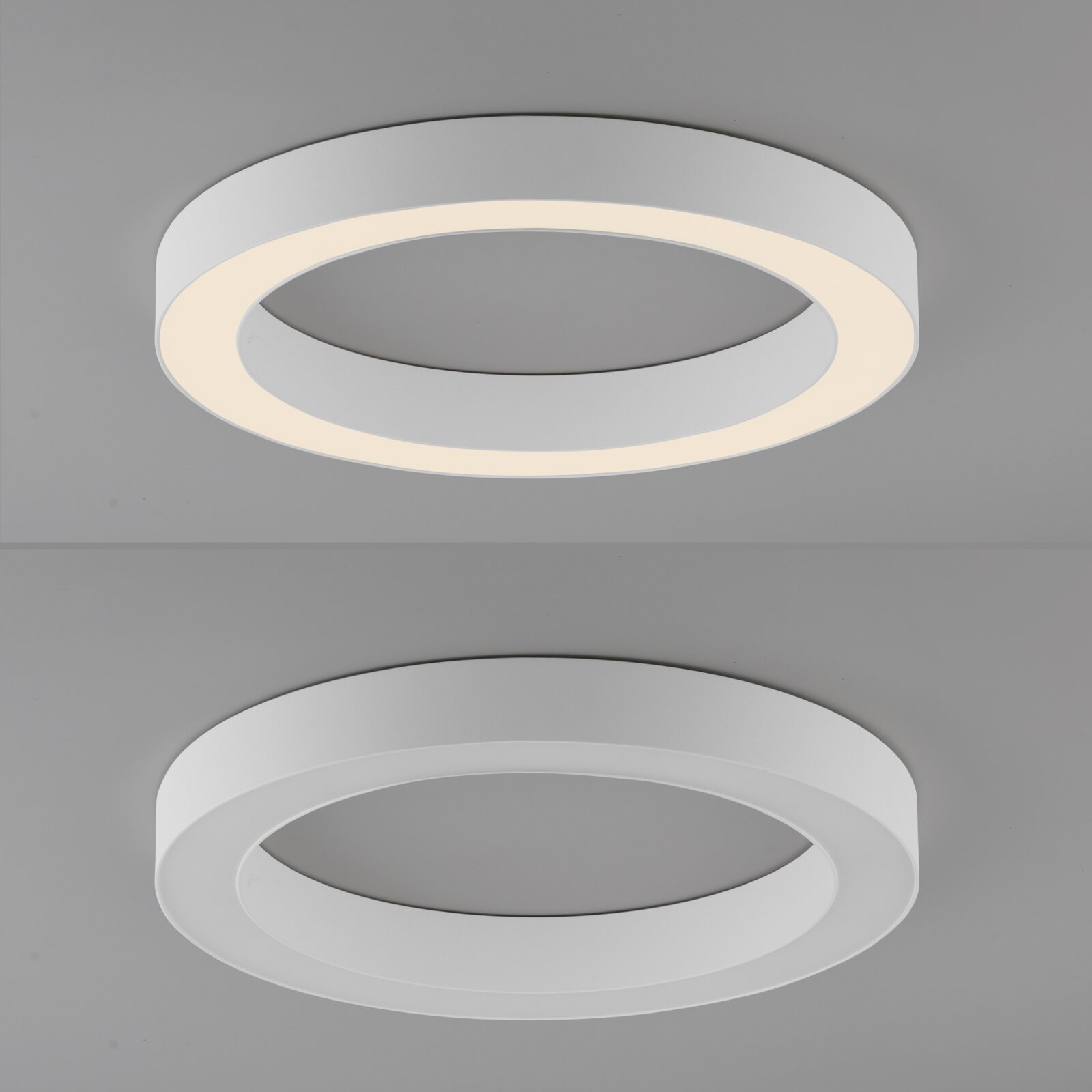 Runde LED-Deckenleuchte in moderner, minimalistischer Ausführung, von unten betrachtet.