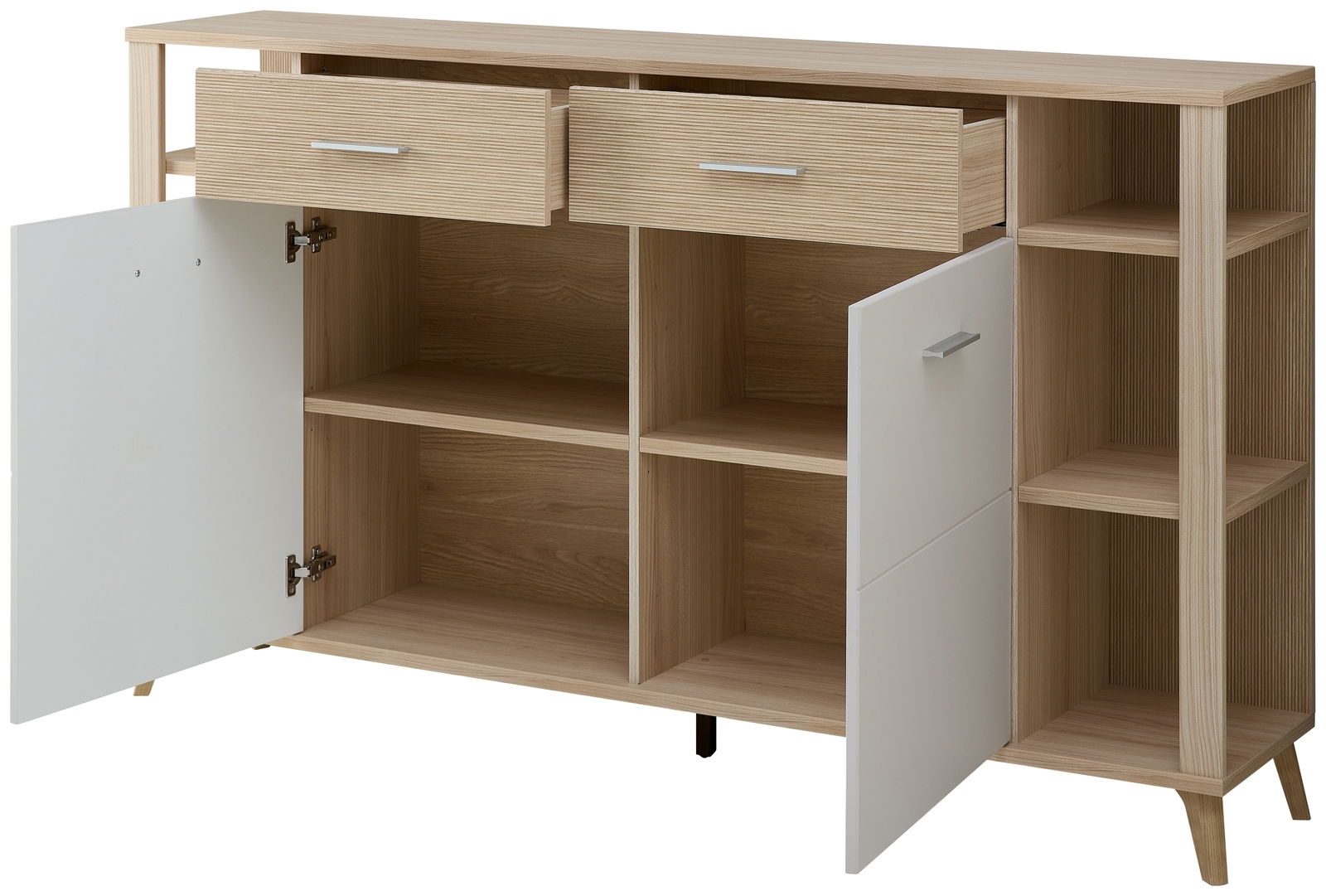 Aktenschrank-Regalkombination aus hellem Holz mit offenen und geschlossenen Fächern, zwei Schubladen und zwei Türen, Perspektive von vorne.