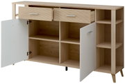 Aktenschrank-Regalkombination aus hellem Holz mit offenen und geschlossenen Fächern, zwei Schubladen und zwei Türen, Perspektive von vorne.