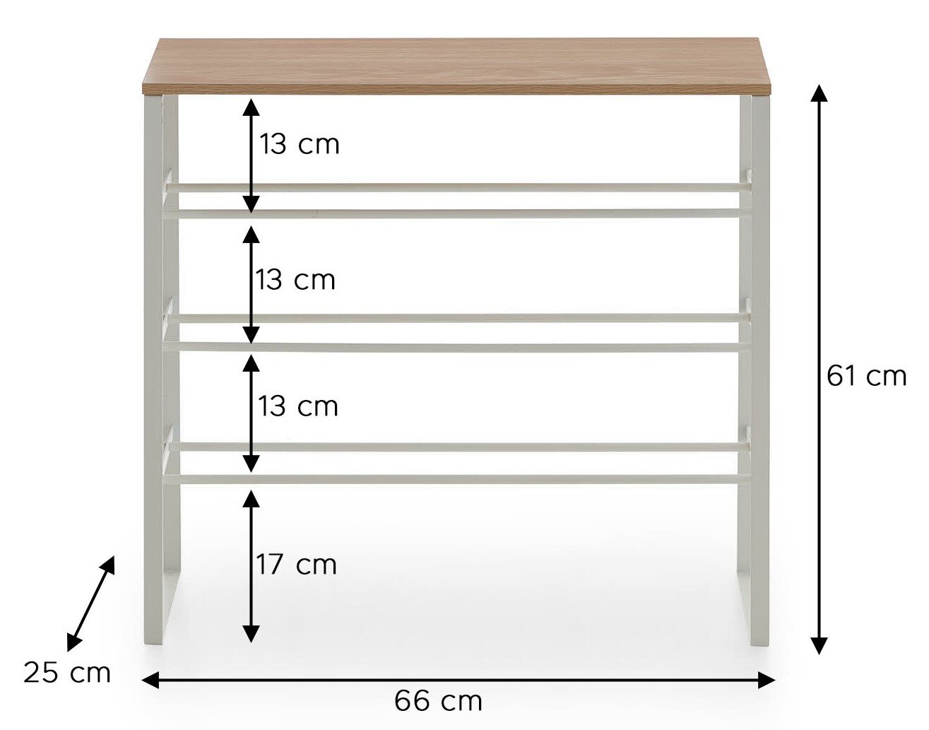 Schmales Schuhregal mit Holzoptik-Ablage und weißem Metallgestell, 66 x 25 x 61 cm, mit mehreren Stangenebenen (Abstände 13 cm, unten 17 cm), Frontansicht.