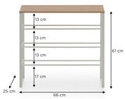 Schmales Schuhregal mit Holzoptik-Ablage und weißem Metallgestell, 66 x 25 x 61 cm, mit mehreren Stangenebenen (Abstände 13 cm, unten 17 cm), Frontansicht.
