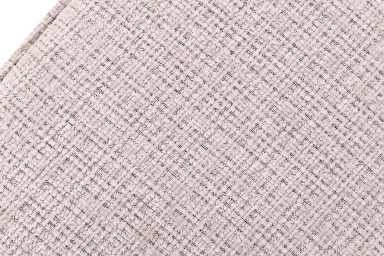 Close-up van een lichtbeige geweven meubelstof met subtiel ruitpatroon, schuin van boven gefotografeerd