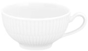 Weiße Teeobertasse mit geriffeltem Design, seitliche Perspektive