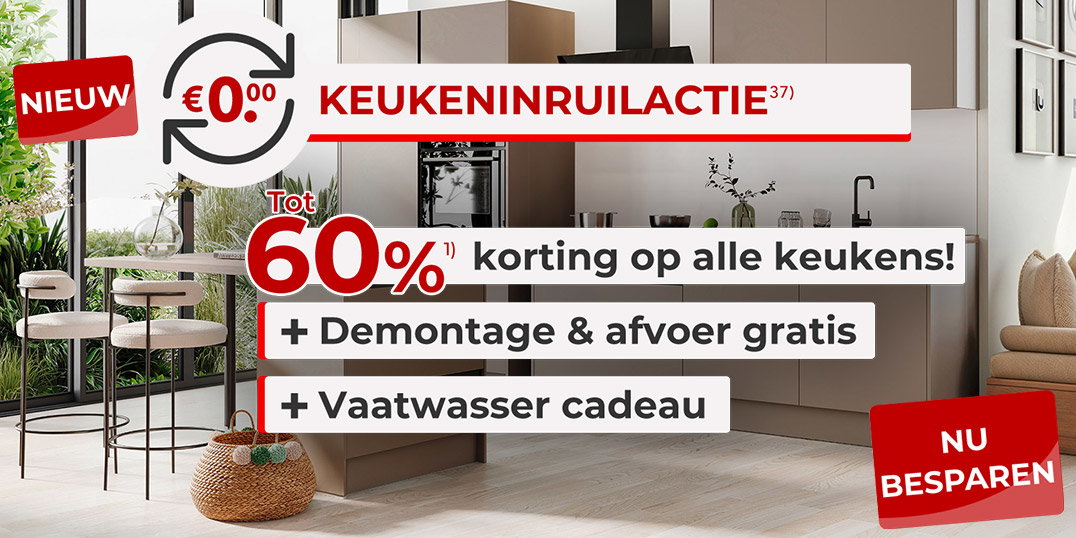 Moderne keuken met keukenomruilactie: tot 60% korting, gratis demontage, afvoer en vaatwasser cadeau.
