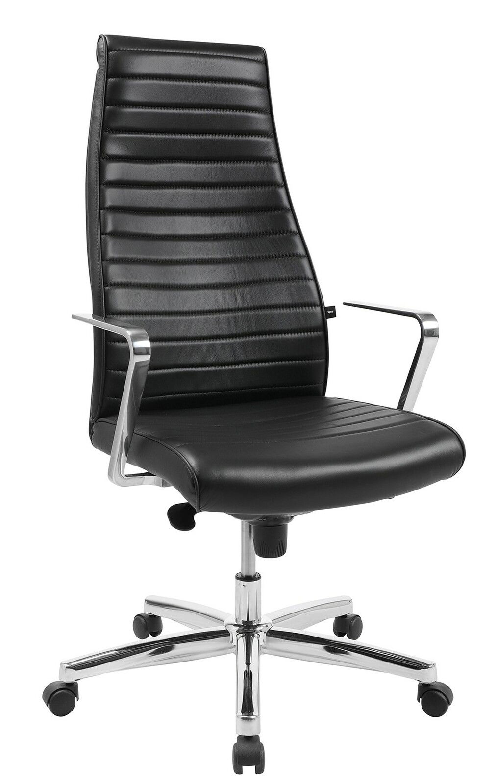 Schwarzer Chefsessel mit hoher Rückenlehne und verchromten Armlehnen, seitliche Perspektive