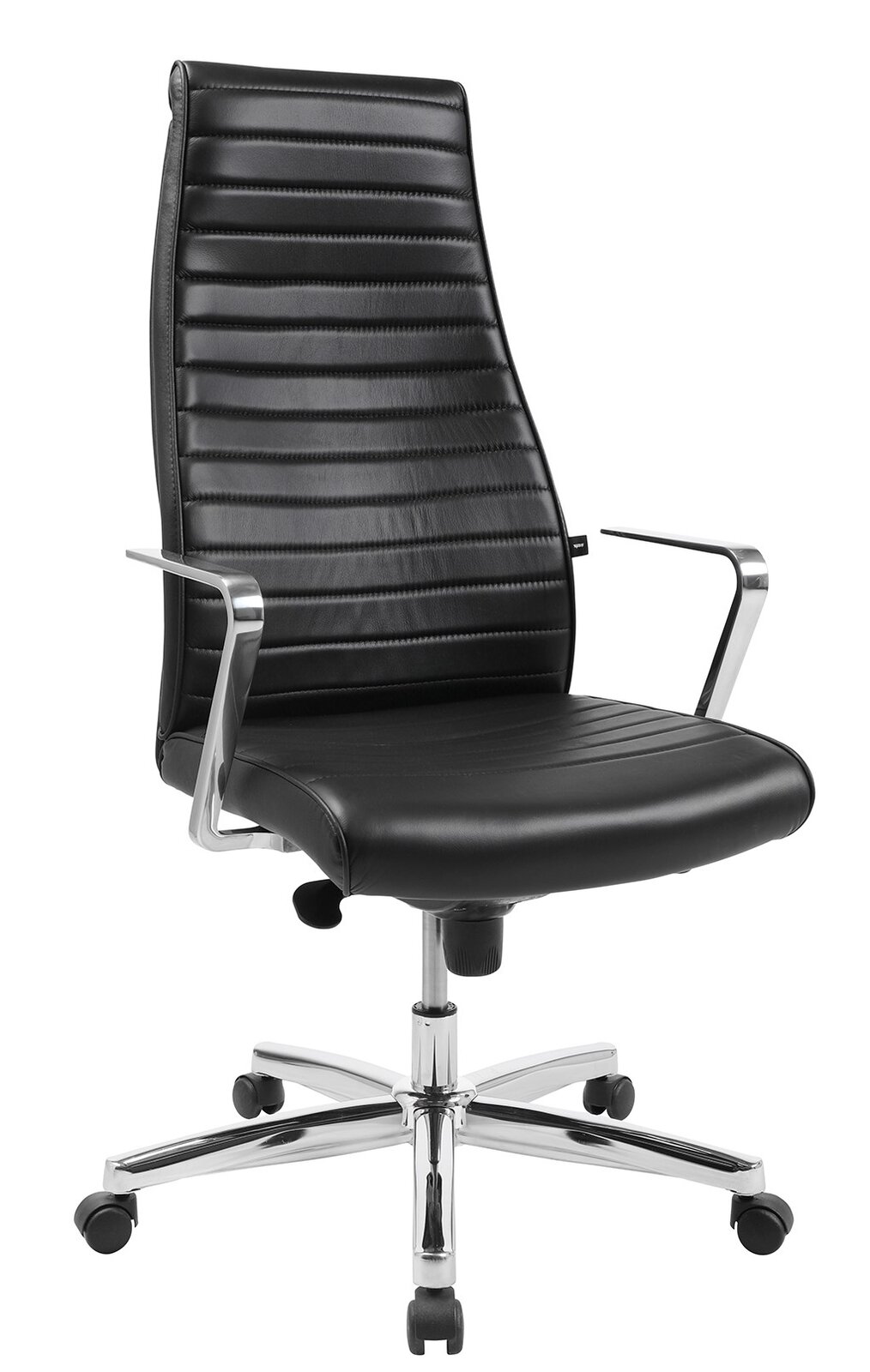 Schwarzer Chefsessel mit hoher Rückenlehne und verchromten Armlehnen, seitliche Perspektive