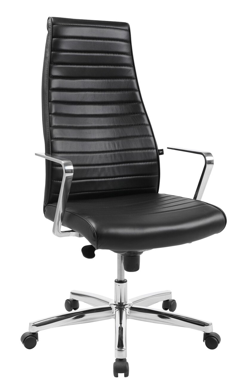 Schwarzer Chefsessel mit hoher Rückenlehne und verchromten Armlehnen, seitliche Perspektive