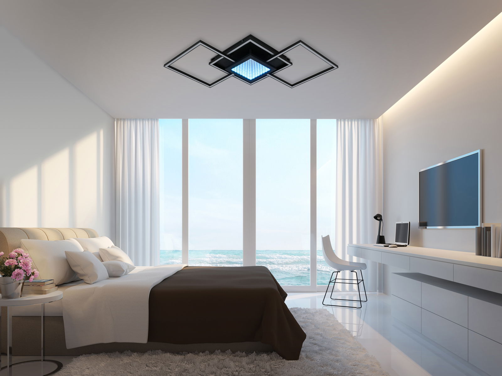 Moderne LED-Deckenleuchte in einem stilvollen Schlafzimmer mit Meerblick, aus der Perspektive von unten betrachtet.