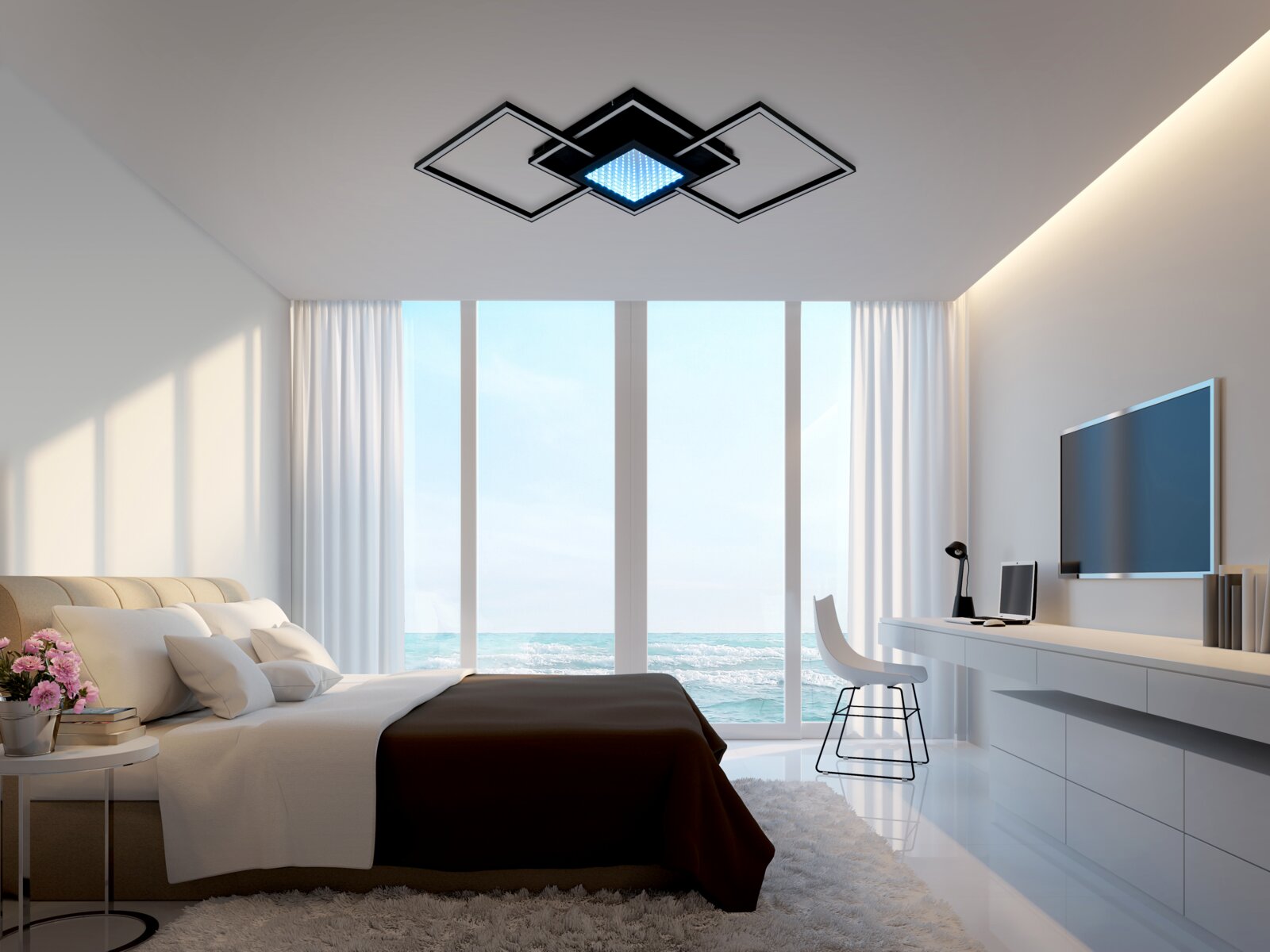Moderne led-plafondlamp in een stijlvolle slaapkamer met uitzicht op zee, gezien vanuit een laag standpunt.