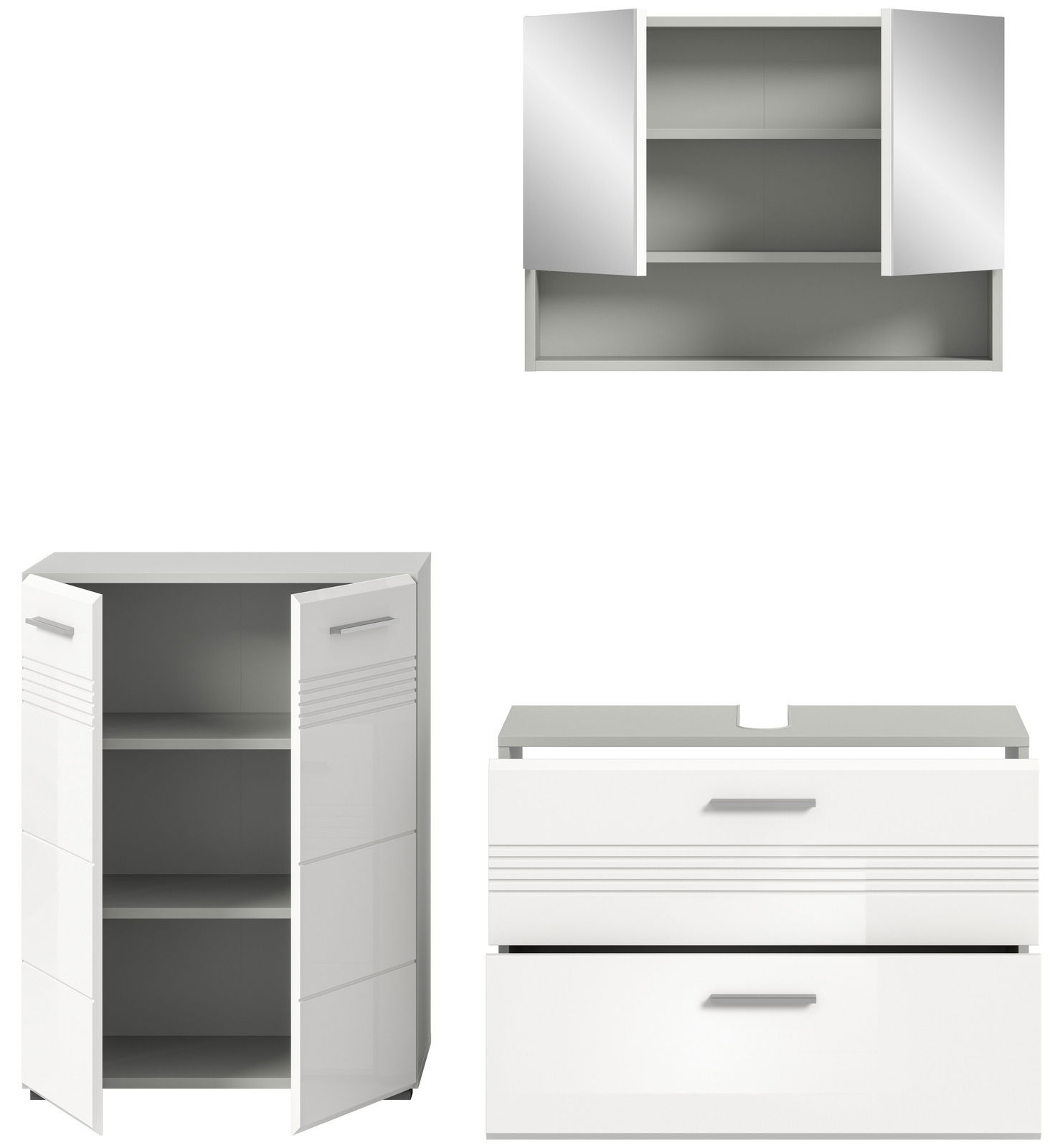 Badezimmermöbel-Set bestehend aus einem Spiegelschrank, einem Hochschrank und einem Waschtischunterschrank, alle in moderner, weißer Hochglanzoptik. Frontalansicht.