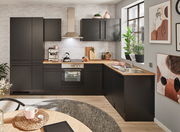 Moderne Küche mit schwarzen Schränken und Eckunterschrank, Blick von vorne