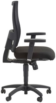 Moderner schwarzer Drehstuhl mit verstellbaren Armlehnen und ergonomischer Rückenlehne, Seitenansicht.